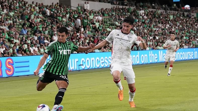 Jun 21, 2023; Austin, Texas, USA; Austin FC defender Nick Lima (24) crosses the ball against FC Dallas defender Marco Farfan (4) during the second half at Q2 Stadium. Mandatory Credit: Scott Wachter-USA TODAY Sports