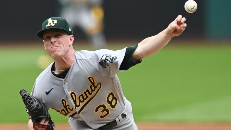 Jun 22, 2023; Cleveland, Ohio, USA; Oakland Athletics starting pitcher JP Sears (38) throws a pitch during the first inning against the Cleveland Guardians at Progressive Field. Mandatory Credit: Ken Blaze-USA TODAY Sports