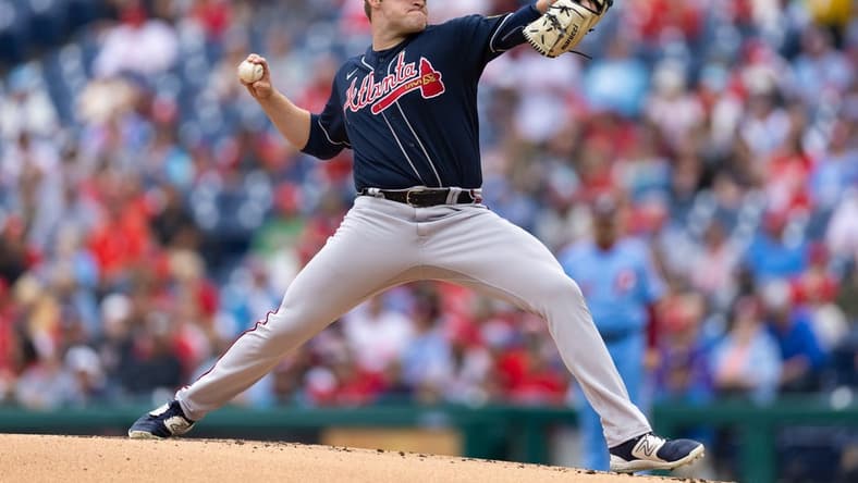 Jun 22, 2023; Philadelphia, Pennsylvania, USA; Atlanta Braves starting pitcher Bryce Elder (55) throws a pitch during the first inning against the Philadelphia Phillies at Citizens Bank Park. Mandatory Credit: Bill Streicher-USA TODAY Sports