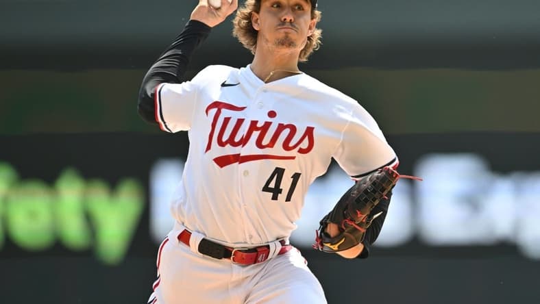 Jun 22, 2023; Minneapolis, Minnesota, USA; Minnesota Twins starting pitcher Joe Ryan (41) throws a pitch against the Boston Red Sox during the first inning at Target Field. Mandatory Credit: Jeffrey Becker-USA TODAY Sports