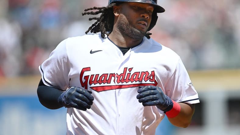 Jun 22, 2023; Cleveland, Ohio, USA; Cleveland Guardians first baseman Josh Bell (55) rounds the bases after hitting a home run during the fifth inning against the Oakland Athletics at Progressive Field. Mandatory Credit: Ken Blaze-USA TODAY Sports
