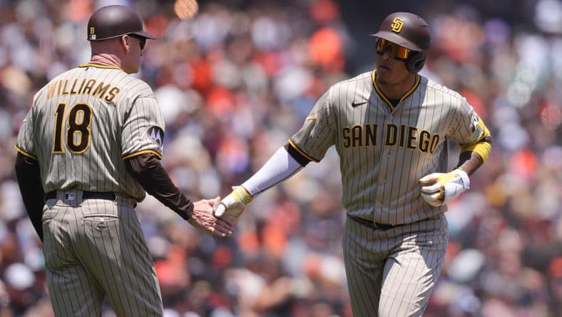 Jun 22, 2023; San Francisco, California, USA; San Diego Padres third baseman Manny Machado (13) rounds the bases after hitting a three run home run during the third inning against the San Francisco Giants at Oracle Park. Mandatory Credit: Sergio Estrada-USA TODAY Sports