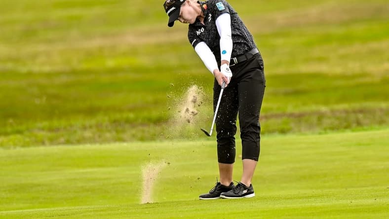 Jun 22, 2023; Springfield, New Jersey, USA; Brooke Mackenzie Henderson plays a shot from the fairway on the 18th hole during the first round of the KPMG Women's PGA Championship golf tournament. Mandatory Credit: John Jones-USA TODAY Sports