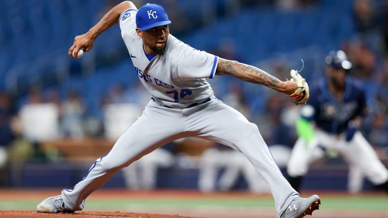 Jun 22, 2023; St. Petersburg, Florida, USA;  Kansas City Royals relief pitcher Jose Cuas (74) throws a pitch against the Tampa Bay Rays in the first inning at Tropicana Field. Mandatory Credit: Nathan Ray Seebeck-USA TODAY Sports