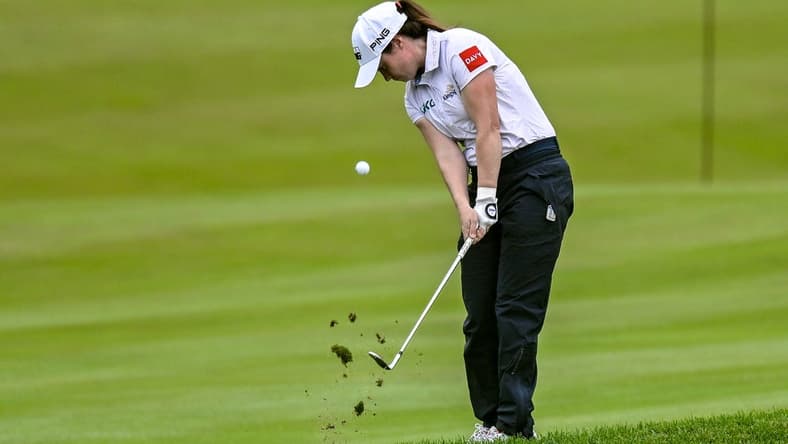 Jun 23, 2023; Springfield, New Jersey, USA; Leona Maguire plays a shot from the fairway on the 18th hole during the second round of the KPMG Women's PGA Championship golf tournament. Mandatory Credit: John Jones-USA TODAY Sports