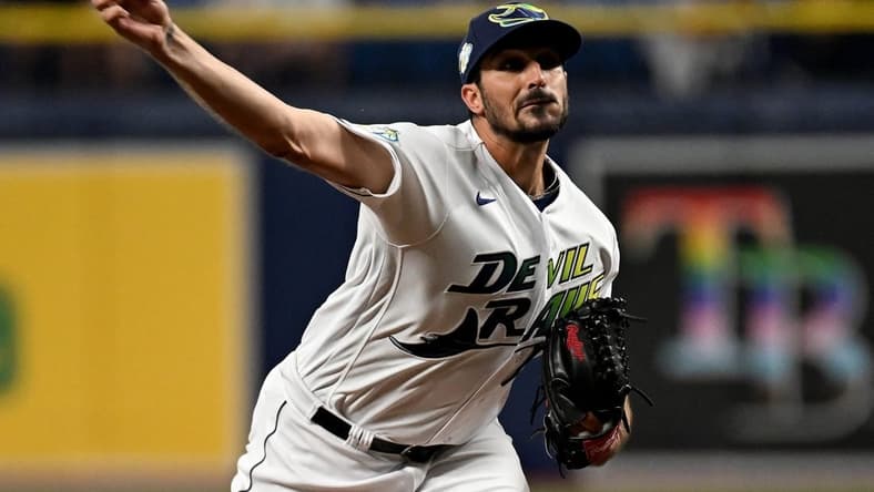 Jun 23, 2023; St. Petersburg, Florida, USA; Tampa Bay Rays pitcher Zach Eflin (24) throws a pitch in the first inning against the Kansas City Royals at Tropicana Field. Mandatory Credit: Jonathan Dyer-USA TODAY Sports