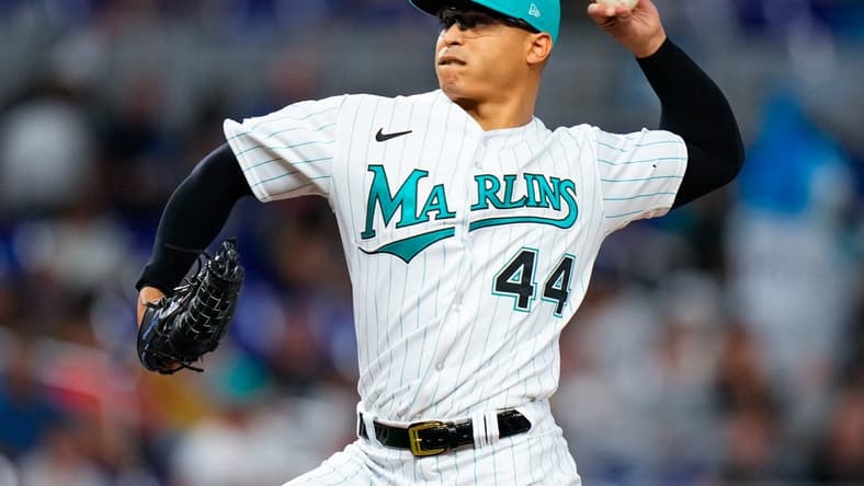 Jun 23, 2023; Miami, Florida, USA; Miami Marlins starting pitcher Jesus Luzardo (44) throws a pitch against the Pittsburgh Pirates during the first inning at loanDepot Park. Mandatory Credit: Rich Storry-USA TODAY Sports
