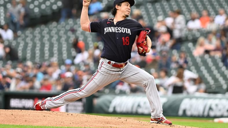 Jun 23, 2023; Detroit, Michigan, USA; Minnesota Twins starting pitcher Kenta Maeda (18) throws a pitch against the Detroit Tigers in the first inning at Comerica Park. Mandatory Credit: Lon Horwedel-USA TODAY Sports