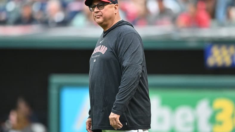 Jun 23, 2023; Cleveland, Ohio, USA; Cleveland Guardians manager Terry Francona walks on to the field to challenge a call during the third inning against the Milwaukee Brewers at Progressive Field. Mandatory Credit: Ken Blaze-USA TODAY Sports