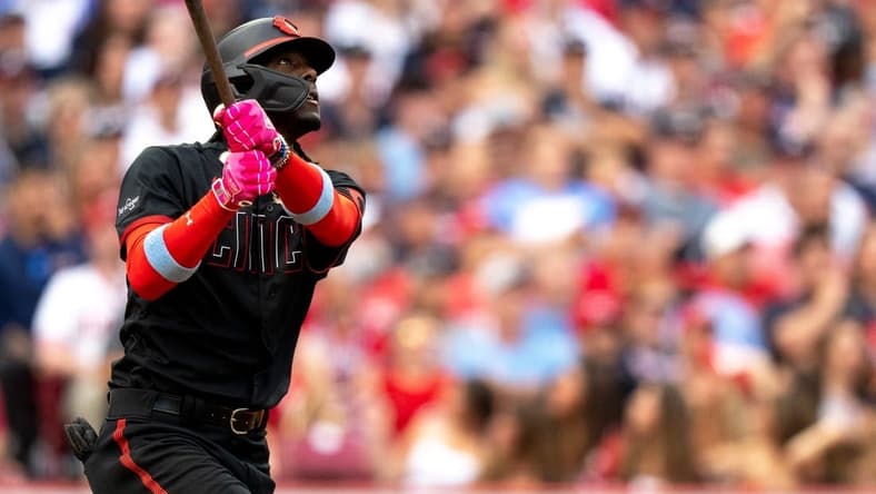 Cincinnati Reds third base Elly De La Cruz (44) hits a 2-run home run in the third inning of the MLB baseball game between the Cincinnati Reds and the Atlanta Braves at Great American Ball Park in Cincinnati on Friday, June 23, 2023.