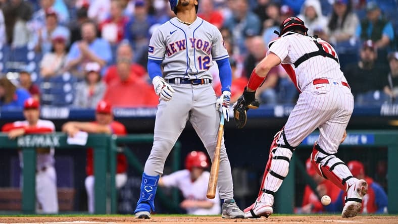 Jun 23, 2023; Philadelphia, Pennsylvania, USA; New York Mets shortstop Francisco Lindor (12) reacts after striking out against the Philadelphia Phillies in the first inning at Citizens Bank Park. Mandatory Credit: Kyle Ross-USA TODAY Sports