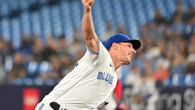 Jun 23, 2023; Toronto, Ontario, CAN;   Toronto Blue Jays starting pitcher Chris Bassitt (40) delivers a pitch against the Oakland Athletics in the first inning at Rogers Centre. Mandatory Credit: Dan Hamilton-USA TODAY Sports