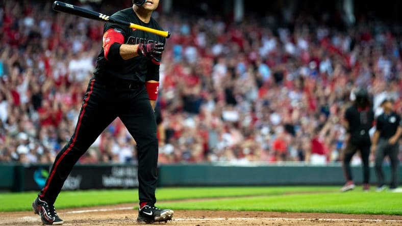Cincinnati Reds first baseman Joey Votto (19) reacts after hitting a 3-run home run in the fifth inning of the MLB baseball game between the Cincinnati Reds and the Atlanta Braves giving the reds a 2-run lead at Great American Ball Park in Cincinnati on Friday, June 23, 2023.