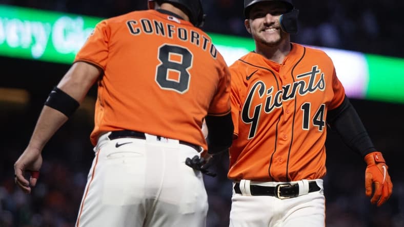 Jun 23, 2023; San Francisco, California, USA; San Francisco Giants catcher Patrick Bailey (14) celebrates his two-run home run against the Arizona Diamondbacks that also scored Michael Conforto (8) during the fifth inning at Oracle Park. Mandatory Credit: D. Ross Cameron-USA TODAY Sports