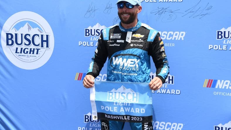 Jun 24, 2023; Nashville, Tennessee, USA; NASCAR Cup Series driver Ross Chastain (1) after winning the pole during qualifying at Nashville Superspeedway. Mandatory Credit: Christopher Hanewinckel-USA TODAY Sports