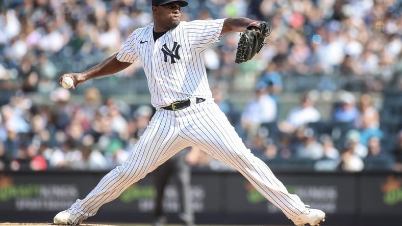 Jun 24, 2023; Bronx, New York, USA; New York Yankees starting pitcher Luis Severino (40) pitches in the first inning against the Texas Rangers at Yankee Stadium. Mandatory Credit: Wendell Cruz-USA TODAY Sports