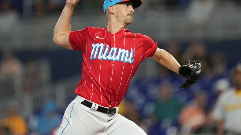 Jun 24, 2023; Miami, Florida, USA; Miami Marlins starting pitcher Bryan Hoeing (78) pitches against the against the Pittsburgh Pirates in the first inning at loanDepot Park. Mandatory Credit: Jim Rassol-USA TODAY Sports