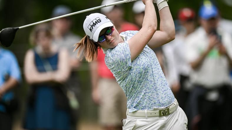 Jun 24, 2023; Springfield, New Jersey, USA; Leona Maguire tees off on the 5th hole during the third round of the KPMG Women's PGA Championship golf tournament. Mandatory Credit: John Jones-USA TODAY Sports