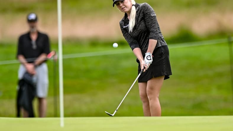 Jun 24, 2023; Springfield, New Jersey, USA; Stephanie Meadow chips a shot onto the 3rd green during the third round of the KPMG Women's PGA Championship golf tournament. Mandatory Credit: John Jones-USA TODAY Sports
