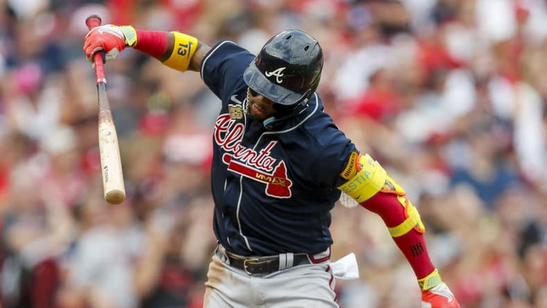 Jun 24, 2023; Cincinnati, Ohio, USA; Atlanta Braves right fielder Ronald Acuna Jr. (13) reacts after hitting a pop up in the second inning against the Cincinnati Reds at Great American Ball Park. Mandatory Credit: Katie Stratman-USA TODAY Sports