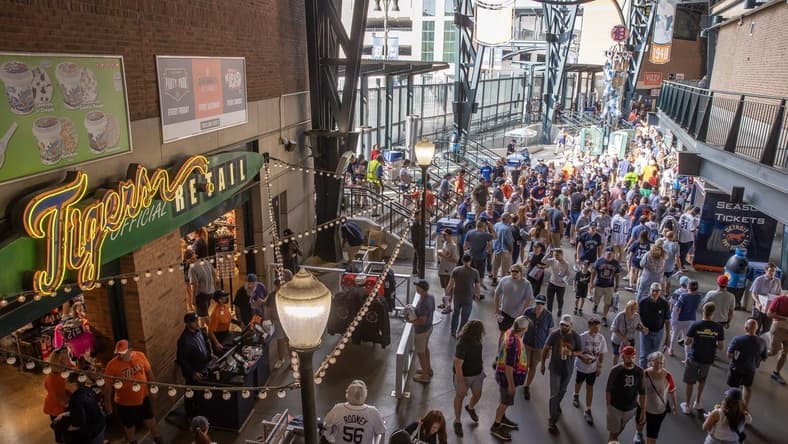 Jun 24, 2023; Detroit, Michigan, USA; Fans make their way around inside Comerica Park before the game between the Detroit Tigers and the Minnesota Twins. Mandatory Credit: David Reginek-USA TODAY Sports