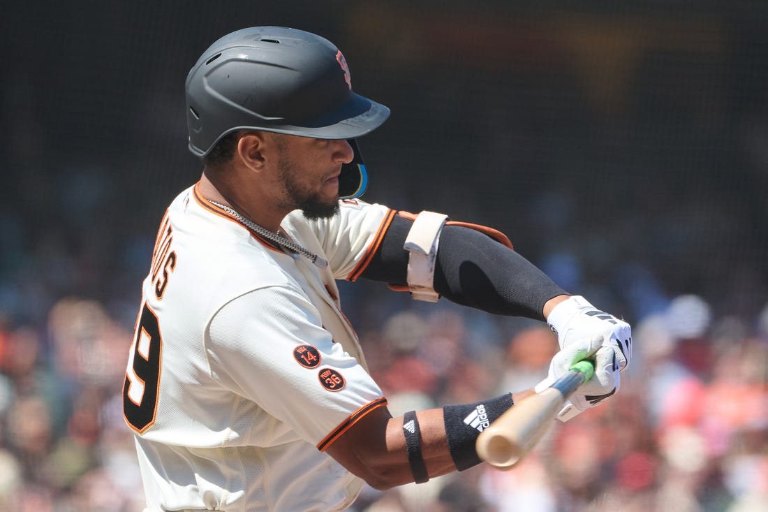 Jun 24, 2023; San Francisco, California, USA; San Francisco Giants outfielder Luis Matos (29) swings the bat against the Arizona Diamondbacks during the eighth inning at Oracle Park. Mandatory Credit: Robert Edwards-USA TODAY Sports