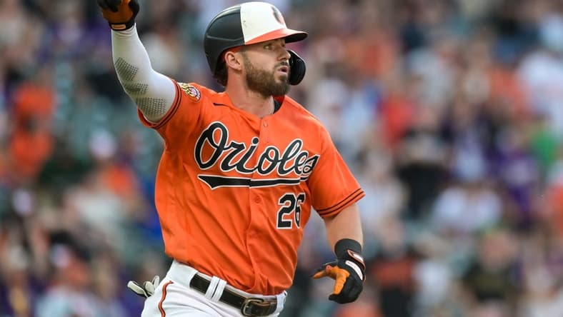Jun 24, 2023; Baltimore, Maryland, USA; Baltimore Orioles right fielder Ryan McKenna (26) reacts after hitting a walk off two run home run against the Seattle Mariners at Oriole Park at Camden Yards. Mandatory Credit: Tommy Gilligan-USA TODAY Sports