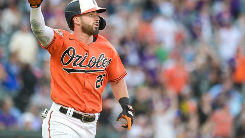 Jun 24, 2023; Baltimore, Maryland, USA; Baltimore Orioles right fielder Ryan McKenna (26) reacts after hitting a walk off two run home run against the Seattle Mariners at Oriole Park at Camden Yards. Mandatory Credit: Tommy Gilligan-USA TODAY Sports