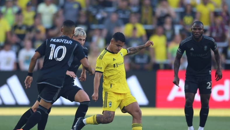 Jun 24, 2023; Columbus, Ohio, USA; Columbus Crew SC forward Cucho Hernandez (9) shoots the ball during the first half at Lower.com Field. Mandatory Credit: Trevor Ruszkowski-USA TODAY Sports
