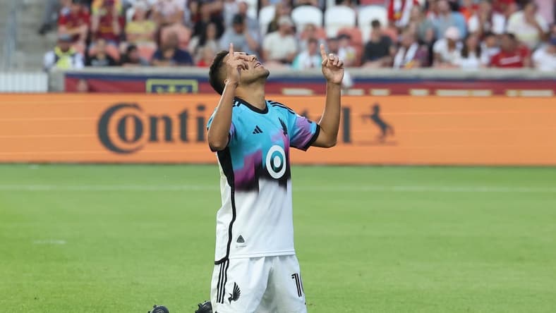 Jun 24, 2023; Sandy, Utah, USA; Minnesota United FC midfielder Emanuel Reynoso (10) celebrates scoring a goal against Real Salt Lake in the first half at America First Field. Mandatory Credit: Rob Gray-USA TODAY Sports