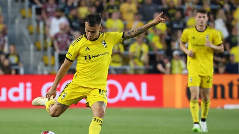 Jun 24, 2023; Columbus, Ohio, USA; Columbus Crew SC midfielder Lucas Zelarrayan (10) shoots the ball during the second half at Lower.com Field. Mandatory Credit: Trevor Ruszkowski-USA TODAY Sports