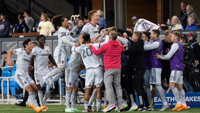 Jun 24, 2023; San Jose, California, USA; St. Louis City FC celebrates after scoring a goal during the first half against the San Jose Earthquakes at PayPal Park. Mandatory Credit: Stan Szeto-USA TODAY Sports