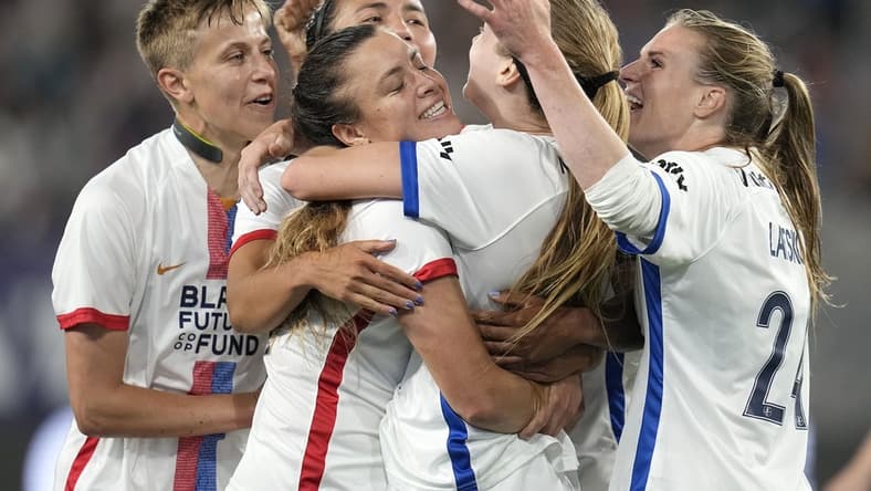 Jun 24, 2023; San Diego, California, USA; OL Reign forward Bethany Balcer (8) reacts after scoring a goal against the San Diego Wave FC during the second half at Snapdragon Stadium. Mandatory Credit: Ray Acevedo-USA TODAY Sports