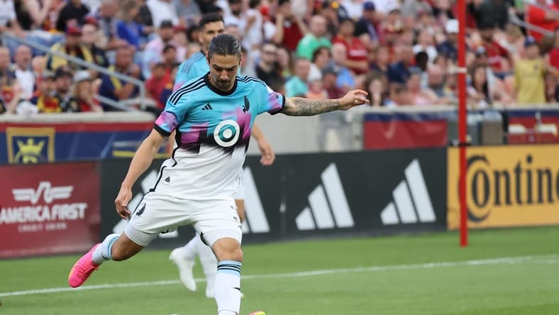Jun 24, 2023; Sandy, Utah, USA;  Minnesota United FC defender Zarek Valentin (3) clears a ball against Real Salt Lake in the first half at America First Field. Mandatory Credit: Rob Gray-USA TODAY Sports