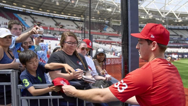 Jun 25, 2023; London, GBR, ENG; St. Louis Cardinals starting pitcher Andre Pallante (53) signs autographs for fans before London series game two against the Chicago Cubs at London Stadium. Mandatory Credit: Peter van den Berg-USA TODAY Sports