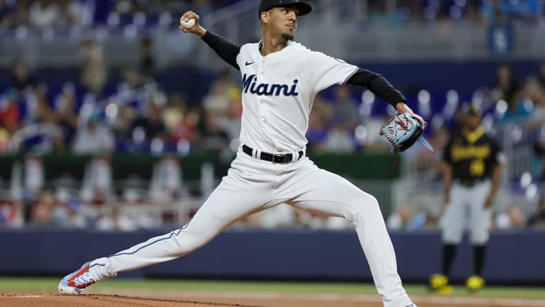 Jun 25, 2023; Miami, Florida, USA; Miami Marlins starting pitcher Eury Perez (39) delivers a pitch against the Pittsburgh Pirates during the first inning at loanDepot Park. Mandatory Credit: Sam Navarro-USA TODAY Sports
