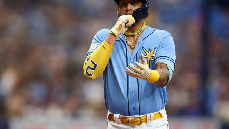 Jun 25, 2023; St. Petersburg, Florida, USA; Tampa Bay Rays center fielder Jose Siri (22) runs the bases after hitting a solo home run against the Kansas City Royals in the third inning at Tropicana Field. Mandatory Credit: Nathan Ray Seebeck-USA TODAY Sports