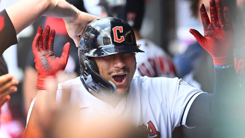 Jun 25, 2023; Cleveland, Ohio, USA; Cleveland Guardians first baseman Josh Naylor (22) celebrates after hitting a home run during the second inning against the Milwaukee Brewers at Progressive Field. Mandatory Credit: Ken Blaze-USA TODAY Sports