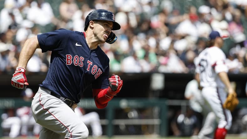 Jun 25, 2023; Chicago, Illinois, USA; Boston Red Sox center fielder Adam Duvall (18) runs after hitting an RBI-double against the Chicago White Sox during the third inning at Guaranteed Rate Field. Mandatory Credit: Kamil Krzaczynski-USA TODAY Sports
