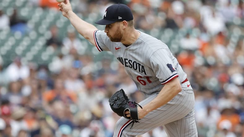 Jun 25, 2023; Detroit, Michigan, USA; Minnesota Twins relief pitcher Brock Stewart (61) pitches in the eighth inning against the Detroit Tigers at Comerica Park. Mandatory Credit: Rick Osentoski-USA TODAY Sports