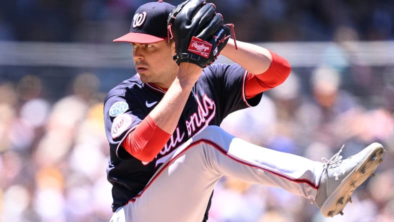 Jun 25, 2023; San Diego, California, USA; Washington Nationals starting pitcher MacKenzie Gore (1) throws a pitch against the San Diego Padres during the second inning at Petco Park. Mandatory Credit: Orlando Ramirez-USA TODAY Sports