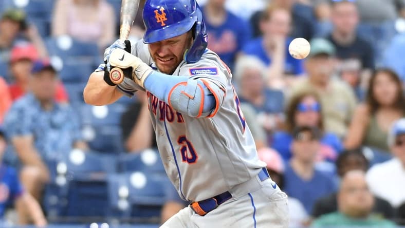 Jun 25, 2023; Philadelphia, Pennsylvania, USA; New York Mets first baseman Pete Alonso (20) is hit by a pitch against the Philadelphia Phillies during the ninth inning at Citizens Bank Park. Mandatory Credit: Eric Hartline-USA TODAY Sports