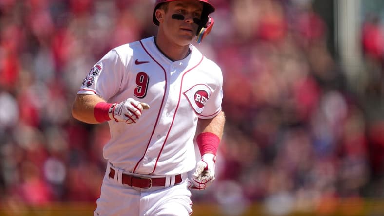 Jun 25, 2023; Cincinnati, Ohio, USA; Cincinnati Reds second baseman Matt McLain (9) rounds the bases after hitting a home run in the seventh inning of a baseball game against the Atlanta Braves at Great American Ball Park. The Atlanta Braves won, 7-6. Mandatory Credit: Kareem Elgazzar-USA TODAY Sports