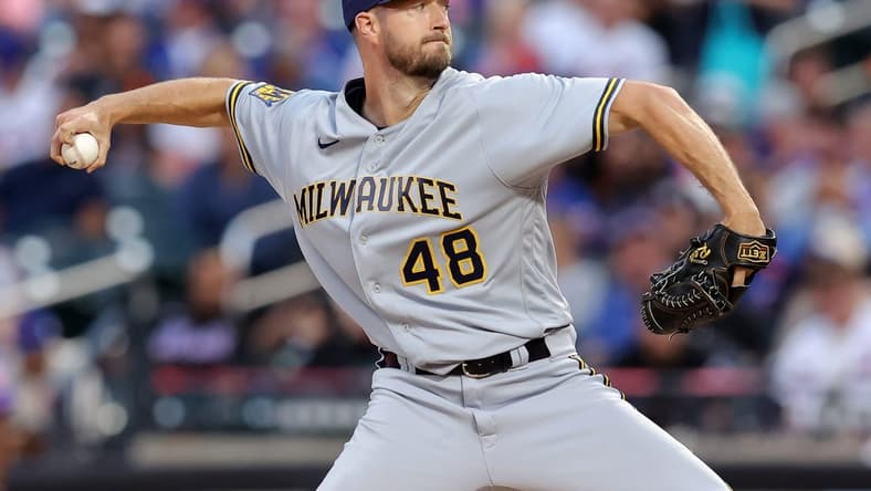 Jun 26, 2023; New York City, New York, USA; Milwaukee Brewers starting pitcher Colin Rea (48) pitches against the New York Mets during the third inning at Citi Field. Mandatory Credit: Brad Penner-USA TODAY Sports
