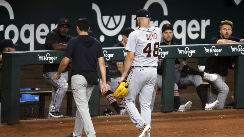 Jun 26, 2023; Arlington, Texas, USA; Detroit Tigers starting pitcher Matthew Boyd (48) leaves the field with an injury in the first inning against the Texas Rangers at Globe Life Field. Mandatory Credit: Tim Heitman-USA TODAY Sports