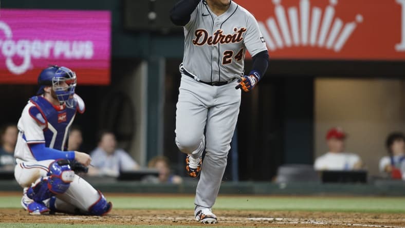 Jun 26, 2023; Arlington, Texas, USA; Detroit Tigers designated hitter Miguel Cabrera (24) hits a single in the sixth inning against the Texas Rangers at Globe Life Field. Mandatory Credit: Tim Heitman-USA TODAY Sports
