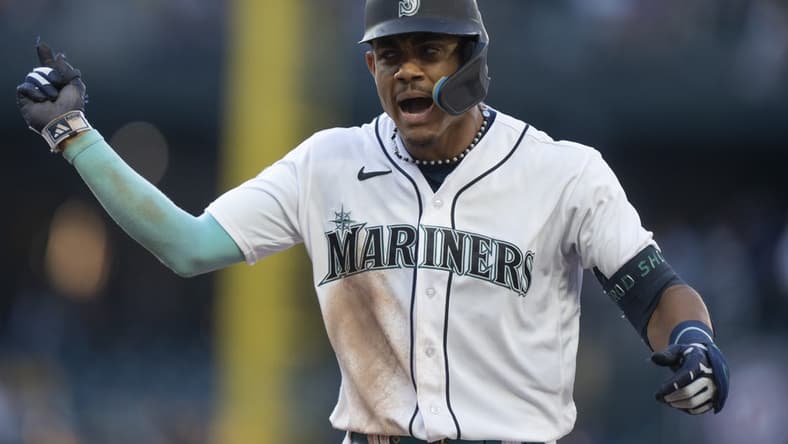Jun 26, 2023; Seattle, Washington, USA; Seattle Mariners centerfielder Julio Rodriguez (44) celebrates ater hitting an RBI-single during the fourth inning against the Washington Nationals at T-Mobile Park. Mandatory Credit: Stephen Brashear-USA TODAY Sports