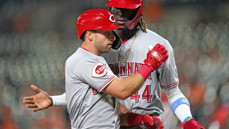 Jun 26, 2023; Baltimore, Maryland, USA; Cincinnati Reds outfielder Spencer Steer (7) greeted by third baseman Elly De La Cruz (44) following his two run home run in the sixth inning against the Baltimore Orioles at Oriole Park at Camden Yards. Mandatory Credit: Mitch Stringer-USA TODAY Sports