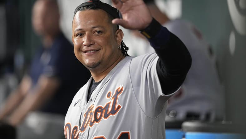 Jun 27, 2023; Arlington, Texas, USA; Detroit Tigers designated hitter Miguel Cabrera (24) waves to fans from the dugout during the first inning against the Texas Rangers at Globe Life Field. Mandatory Credit: Jim Cowsert-USA TODAY Sports