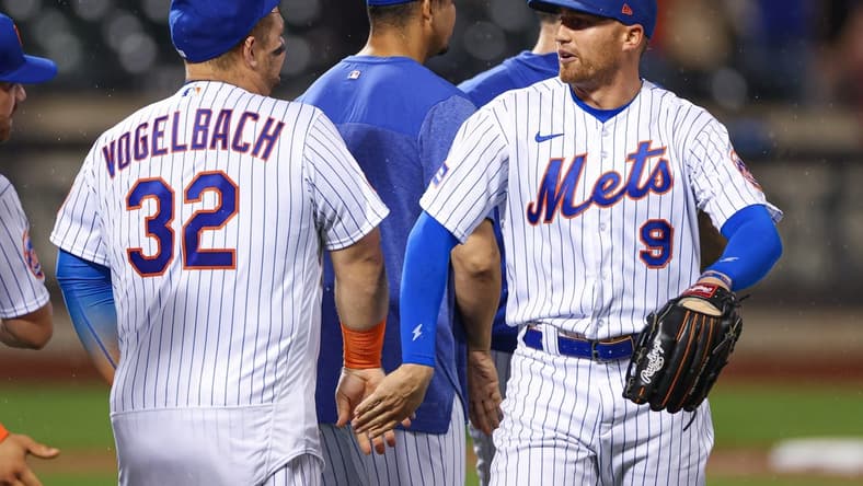 Jun 27, 2023; New York City, New York, USA; New York Mets center fielder Brandon Nimmo (9) celebrates with designated hitter Daniel Vogelbach (32) after defeating the Milwaukee Brewers at Citi Field. Mandatory Credit: Vincent Carchietta-USA TODAY Sports